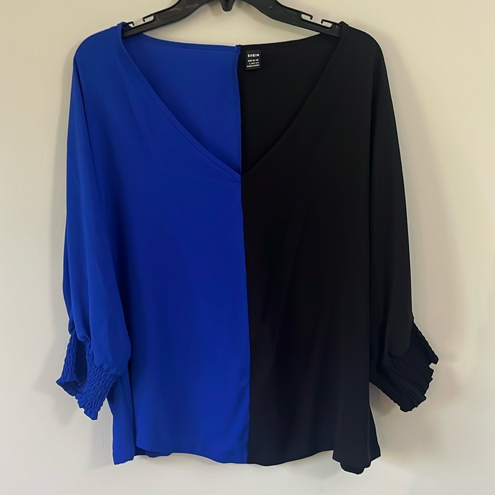 Cobalt Blue and Black Color-Block V-Neck Blouse